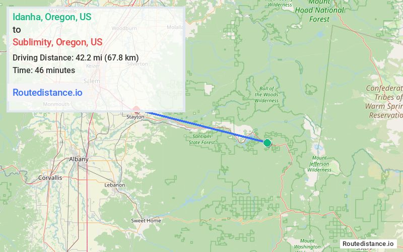 Route map from Idanha to Sublimity