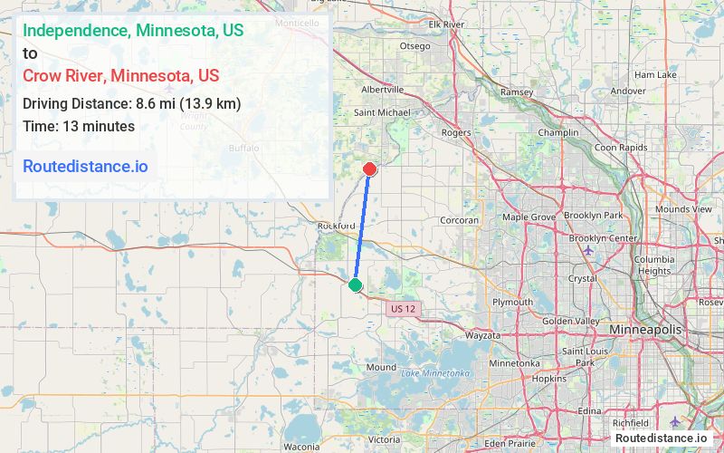 Route map from Independence to Crow River