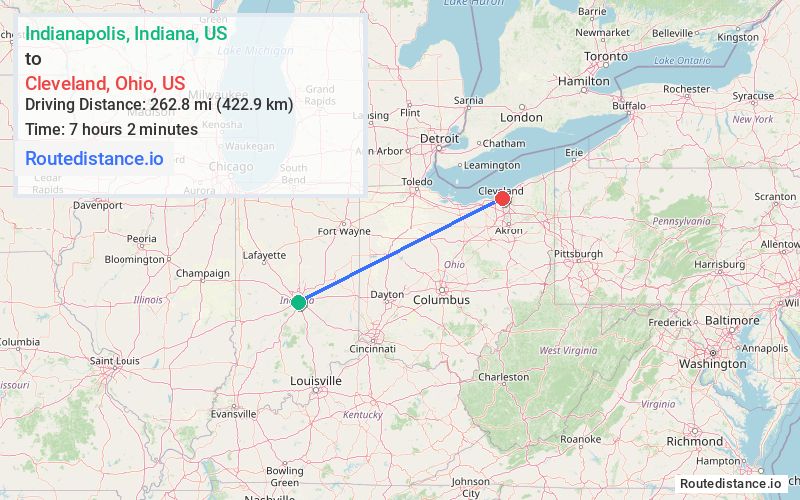Route map from Indianapolis to Cleveland