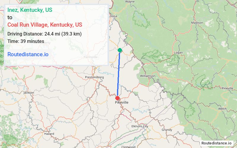 Route map from Inez to Coal Run Village