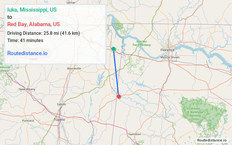 Route map from Iuka to Red Bay