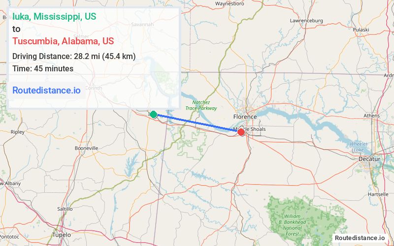 Route map from Iuka to Tuscumbia