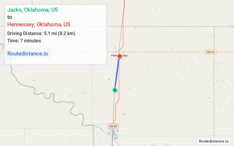 Route map from Jacks to Hennessey