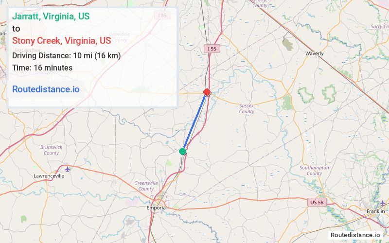 Route map from Jarratt to Stony Creek