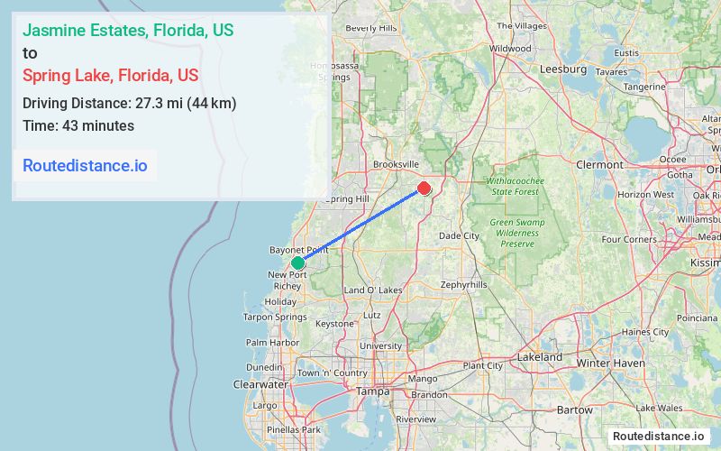Route map from Jasmine Estates to Spring Lake