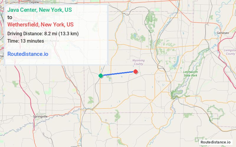 Route map from Java Center to Wethersfield