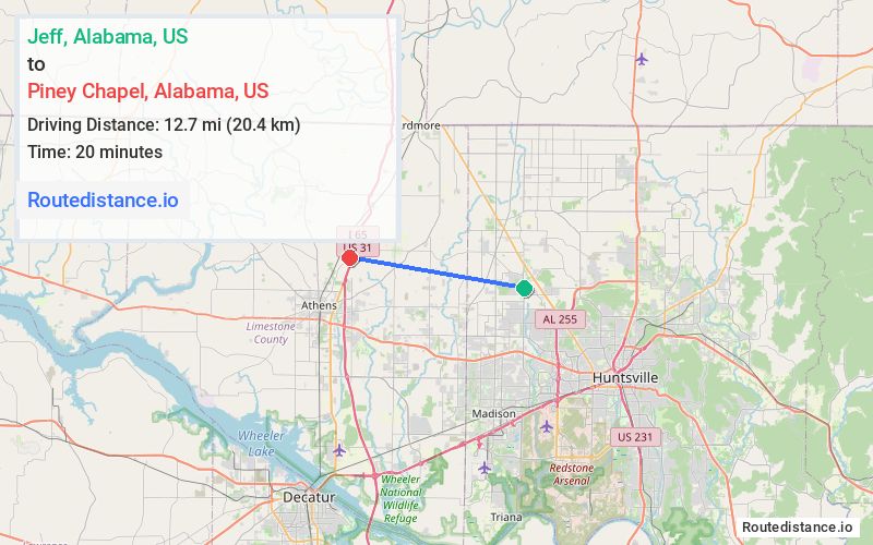 Distance from Jeff to Piney Chapel