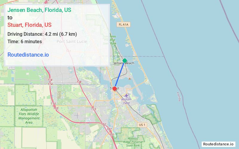 Route map from Jensen Beach to Stuart