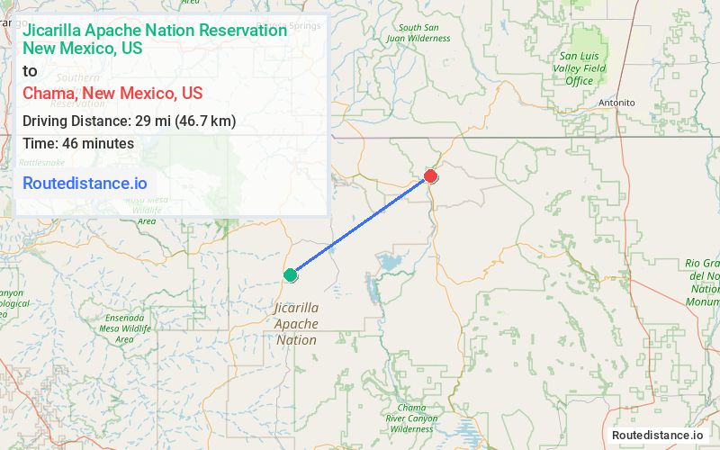 Route map from Jicarilla Apache Nation Reservation to Chama