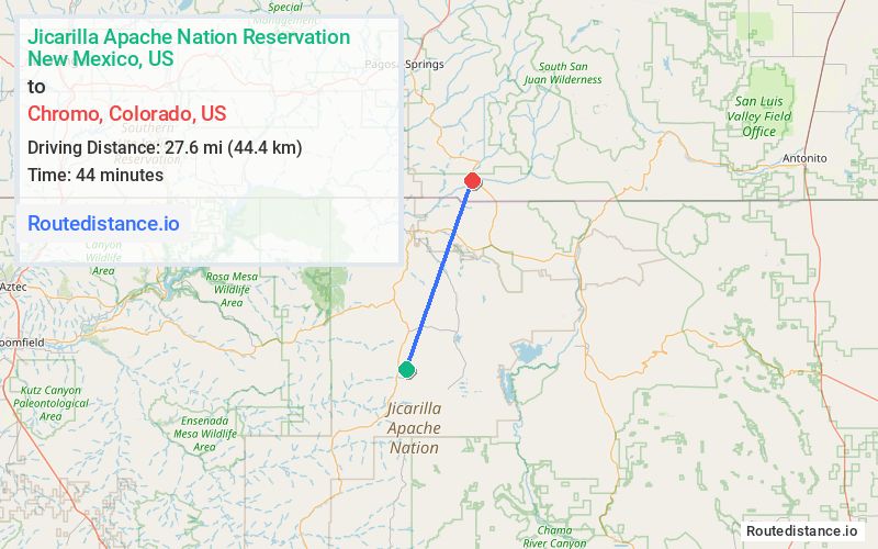 Route map from Jicarilla Apache Nation Reservation to Chromo
