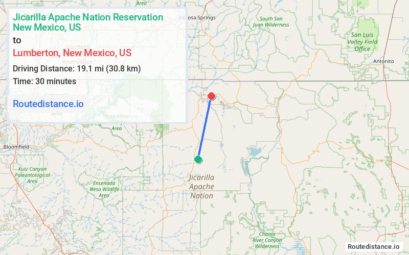 Route map from Jicarilla Apache Nation Reservation to Lumberton