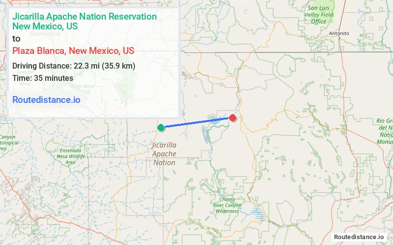 Route map from Jicarilla Apache Nation Reservation to Plaza Blanca