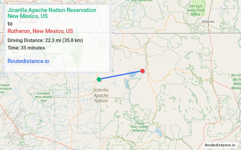 Route map from Jicarilla Apache Nation Reservation to Rutheron