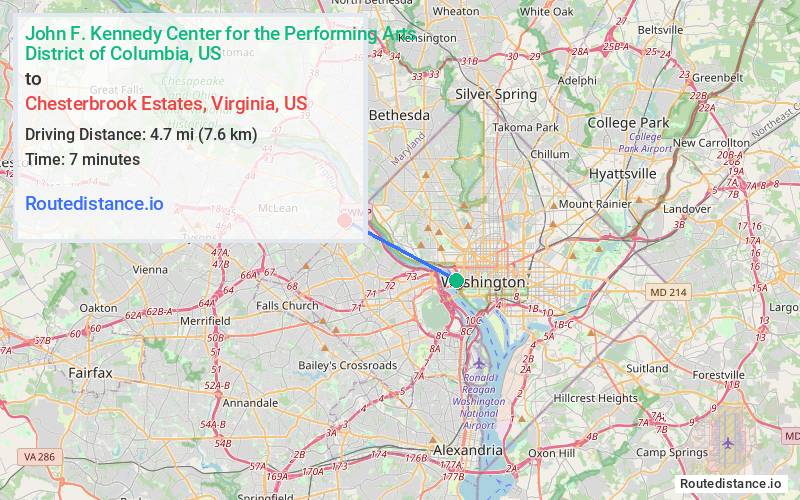 Route map from John F. Kennedy Center for the Performing Arts to Chesterbrook Estates