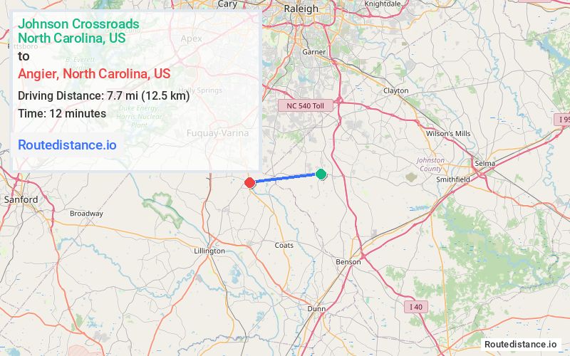 Route map from Johnson Crossroads to Angier