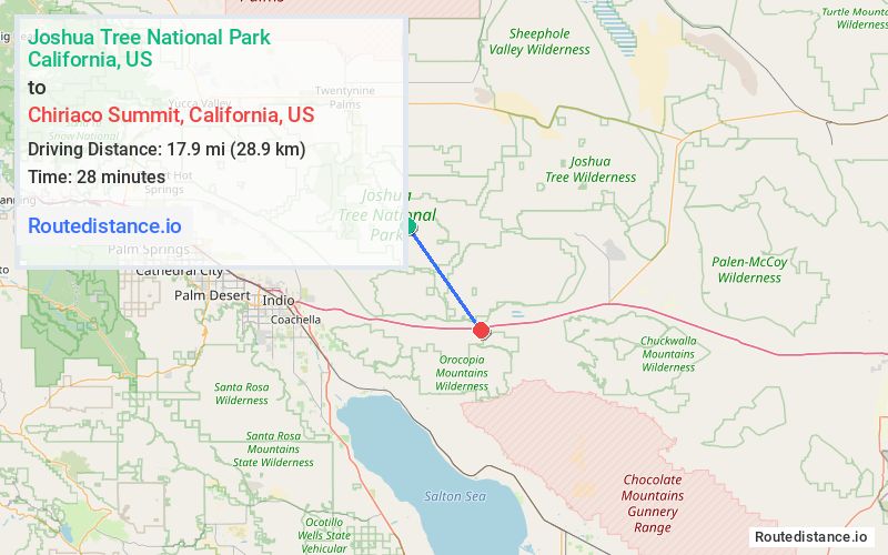 Route map from Joshua Tree National Park to Chiriaco Summit