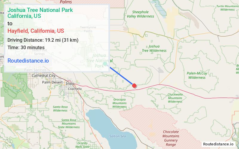 Route map from Joshua Tree National Park to Hayfield