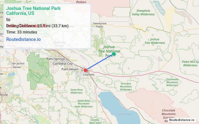 Route map from Joshua Tree National Park to Indio