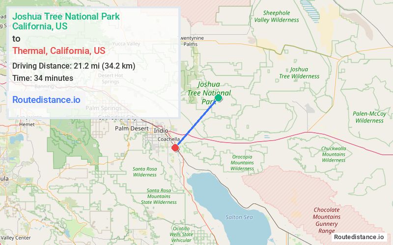 Route map from Joshua Tree National Park to Thermal