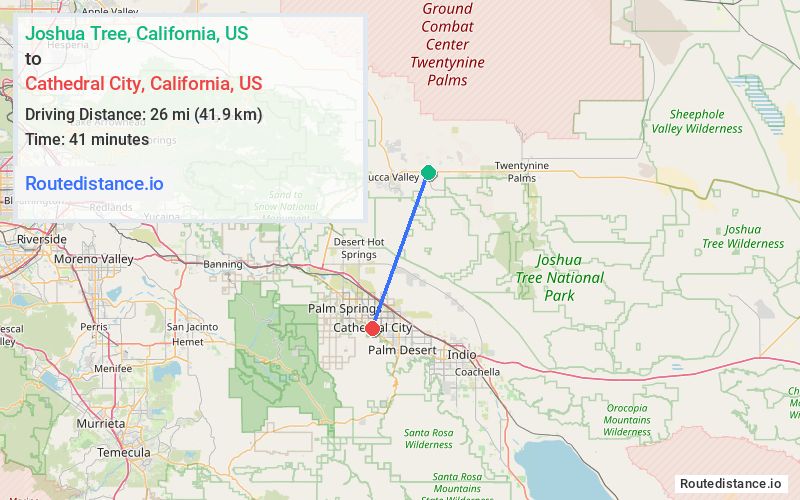 Route map from Joshua Tree to Cathedral City