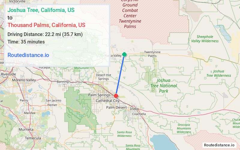 Route map from Joshua Tree to Thousand Palms