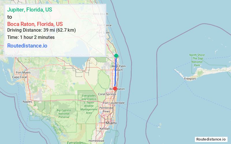 Route map from Jupiter to Boca Raton