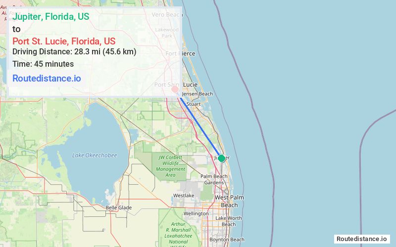 Route map from Jupiter to Port St. Lucie