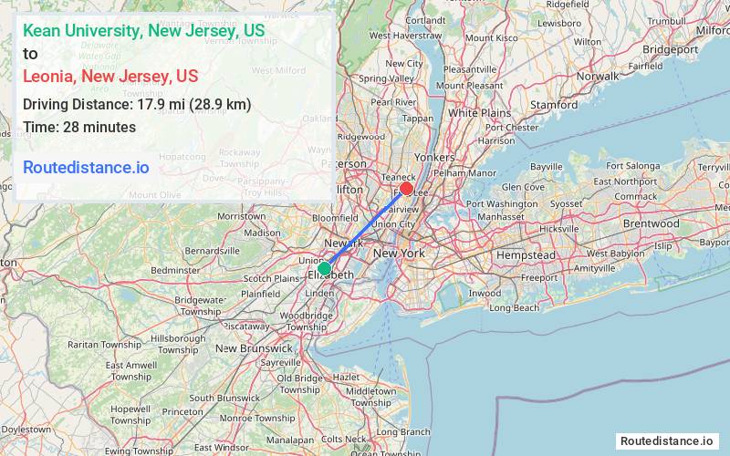 Route map from Kean University to Leonia