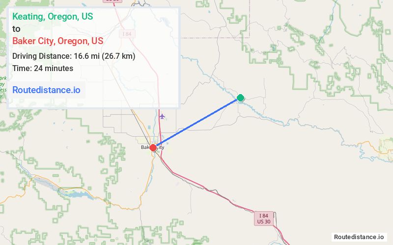 Route map from Keating to Baker City