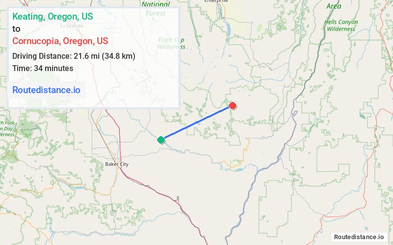 Route map from Keating to Cornucopia