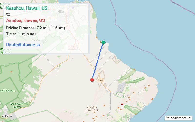 Route map from Keauhou to Ainaloa
