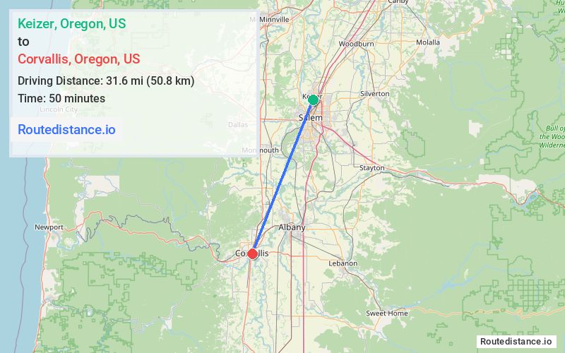 Route map from Keizer to Corvallis