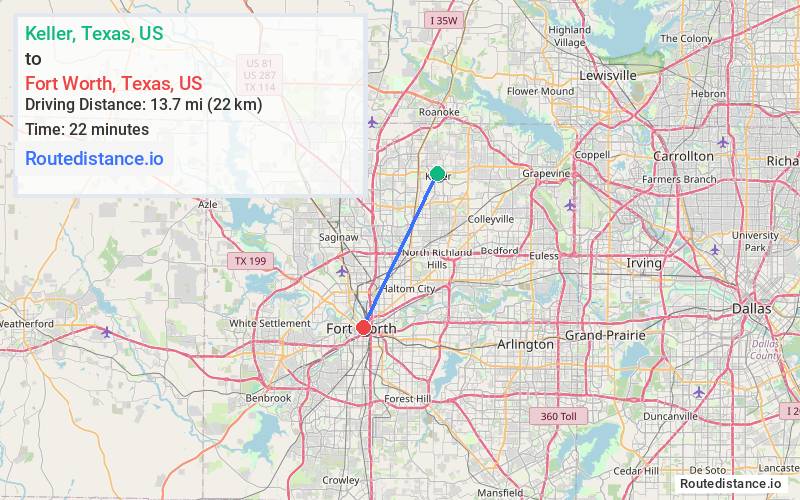 Route map from Keller to Fort Worth
