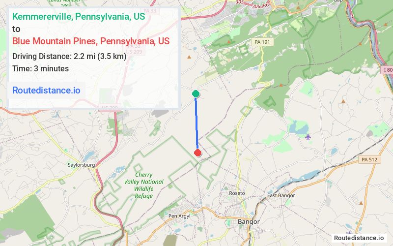 Route map from Kemmererville to Blue Mountain Pines