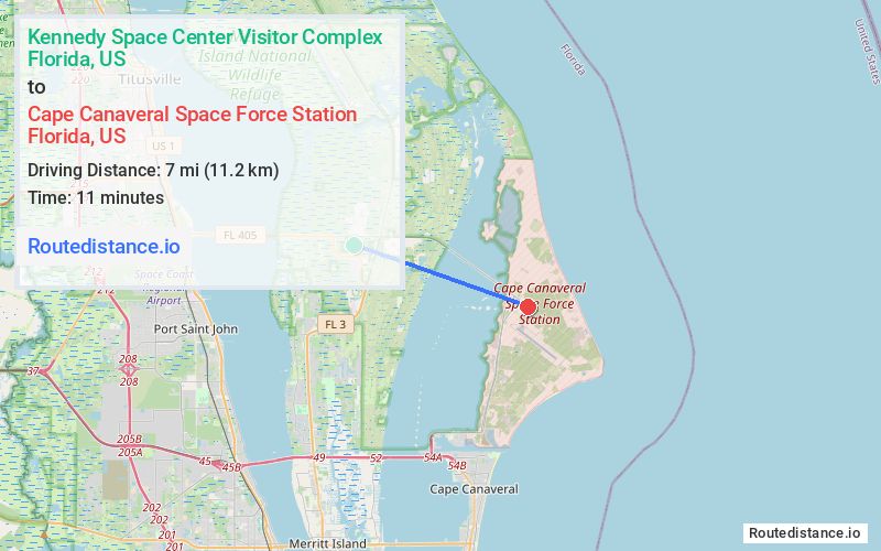 Route map from Kennedy Space Center Visitor Complex to Cape Canaveral Space Force Station