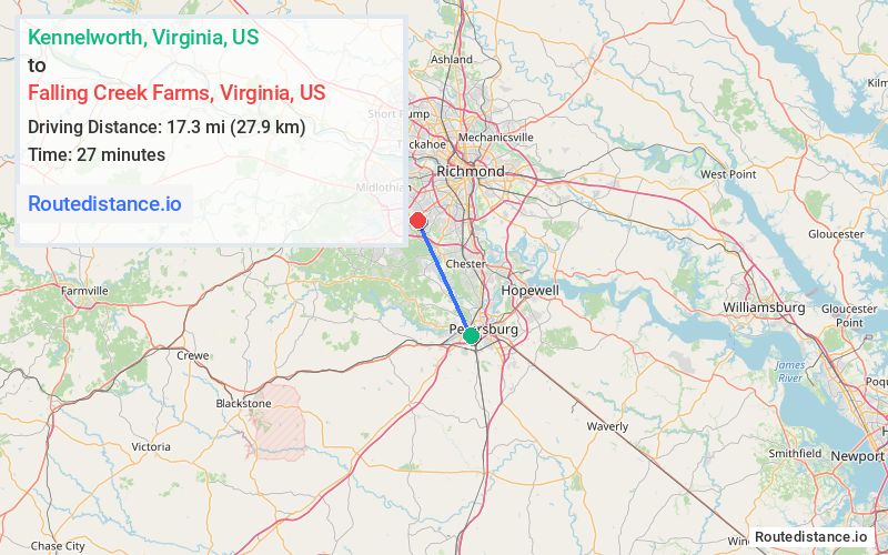 Route map from Kennelworth to Falling Creek Farms