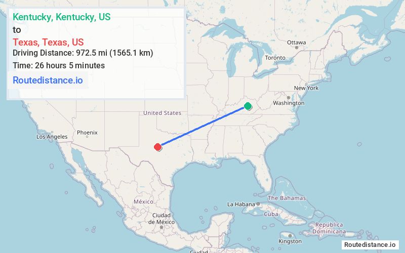 Route map from Kentucky to Texas
