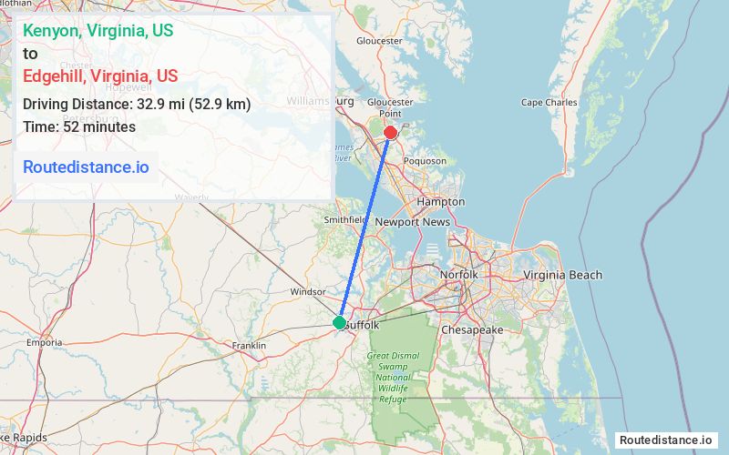 Route map from Kenyon to Edgehill