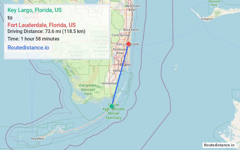 Route map from Key Largo to Fort Lauderdale