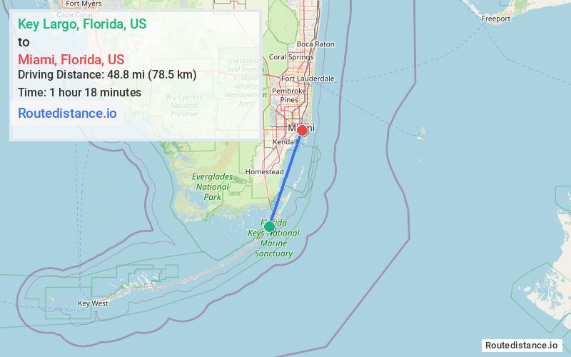 Route map from Key Largo to Miami