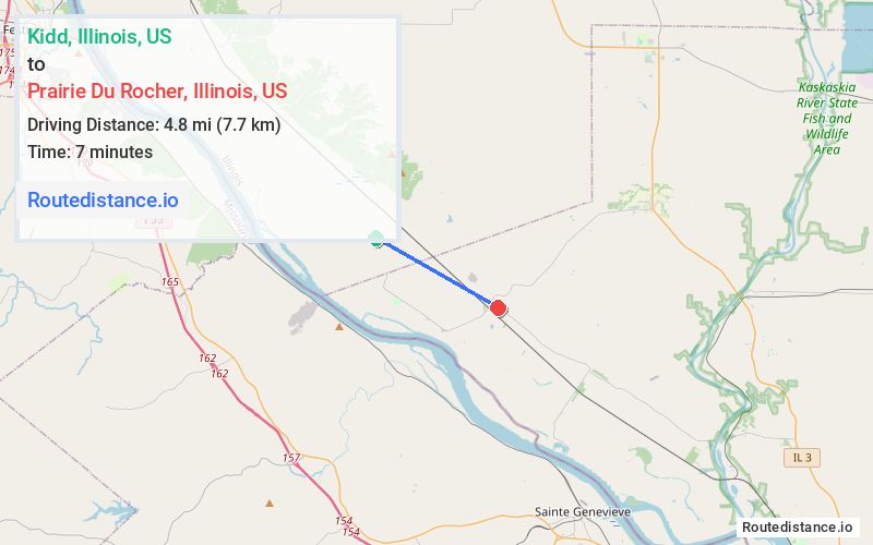 Route map from Kidd to Prairie Du Rocher