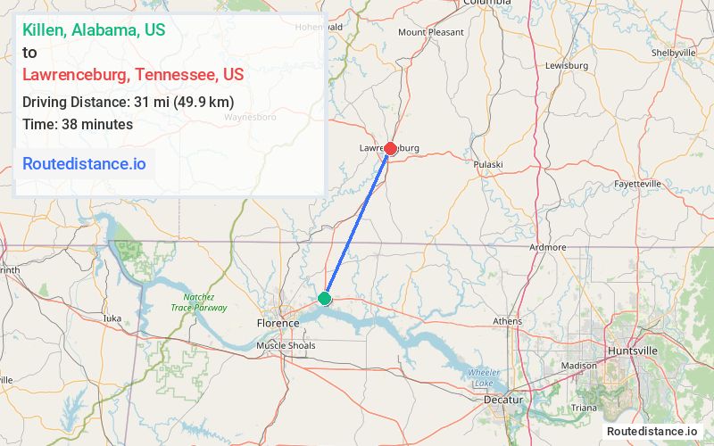 Distance from Killen to Lawrenceburg