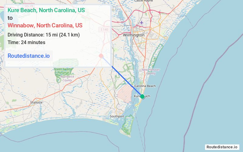 Route map from Kure Beach to Winnabow