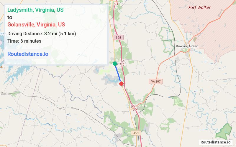 Route map from Ladysmith to Golansville