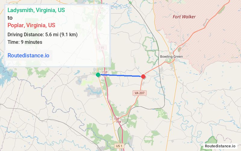 Distance from Ladysmith to Poplar