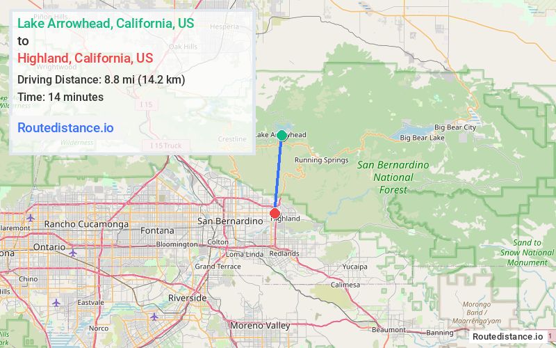 Route map from Lake Arrowhead to Highland