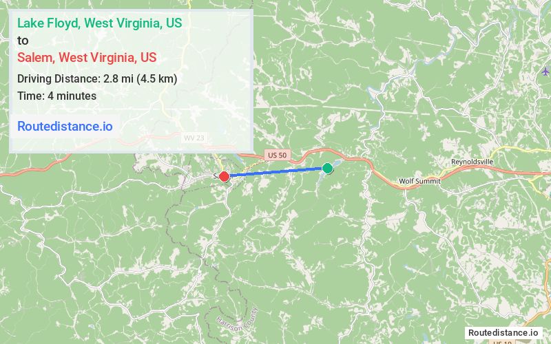 Route map from Lake Floyd to Salem