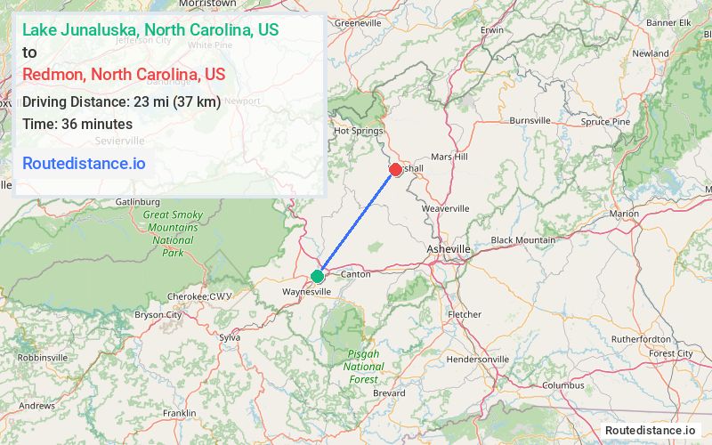 Distance from Lake Junaluska to Redmon