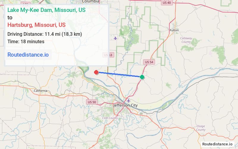 Route map from Lake My-Kee Dam to Hartsburg