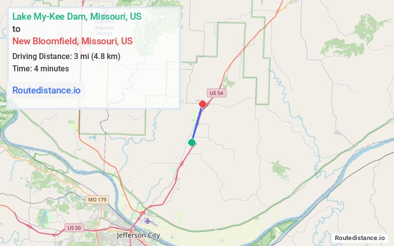 Route map from Lake My-Kee Dam to New Bloomfield